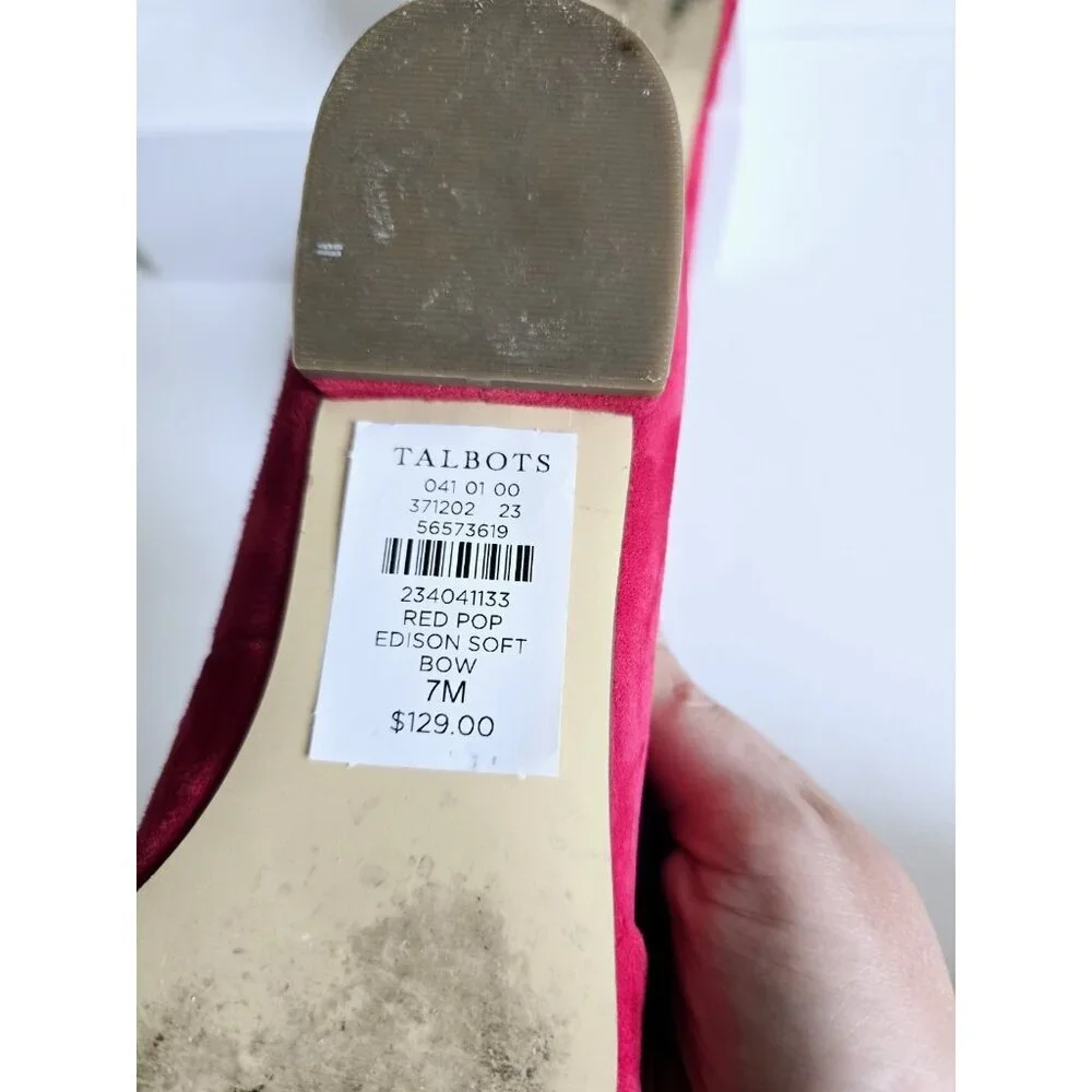 Talbots Edison Red Bow Suede Leather Almont Pointed Toe Ballet Flats Shoes 7